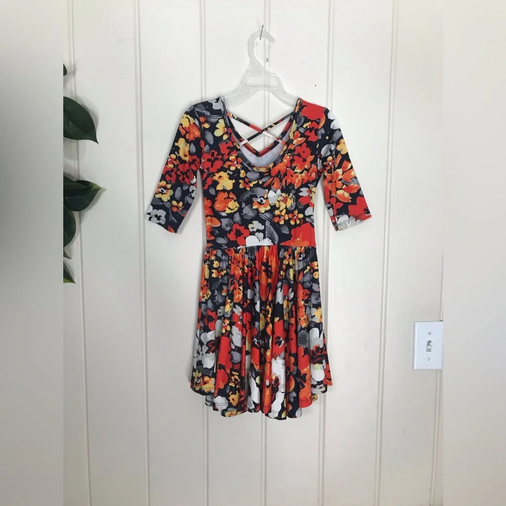 Girls Dot Dot Smile Multicolor Round Neck Graphic Flower Floral Dress 5 / 6 XS